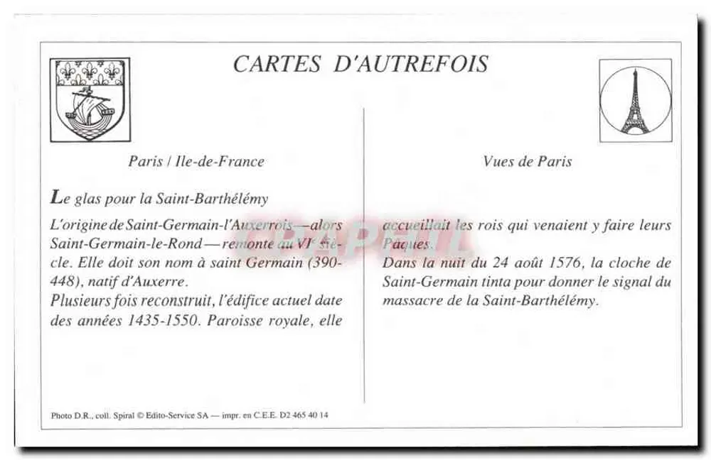 Igreja de Saint-Germain-l'Auxerrois — Paris — Édito-Service SA n° D2 465 40 14 - Verso