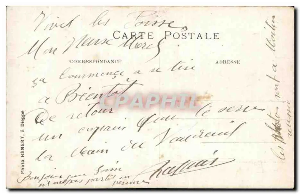 Piloto e passageira em um avião biplano — Foto Héméry, em Dieppe - Verso