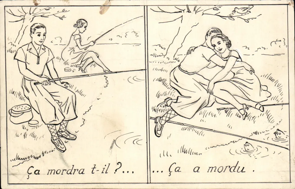 Deux jeunes pêcheurs à la ligne — scène humoristique en deux panneaux — éditeur non visible - Frente