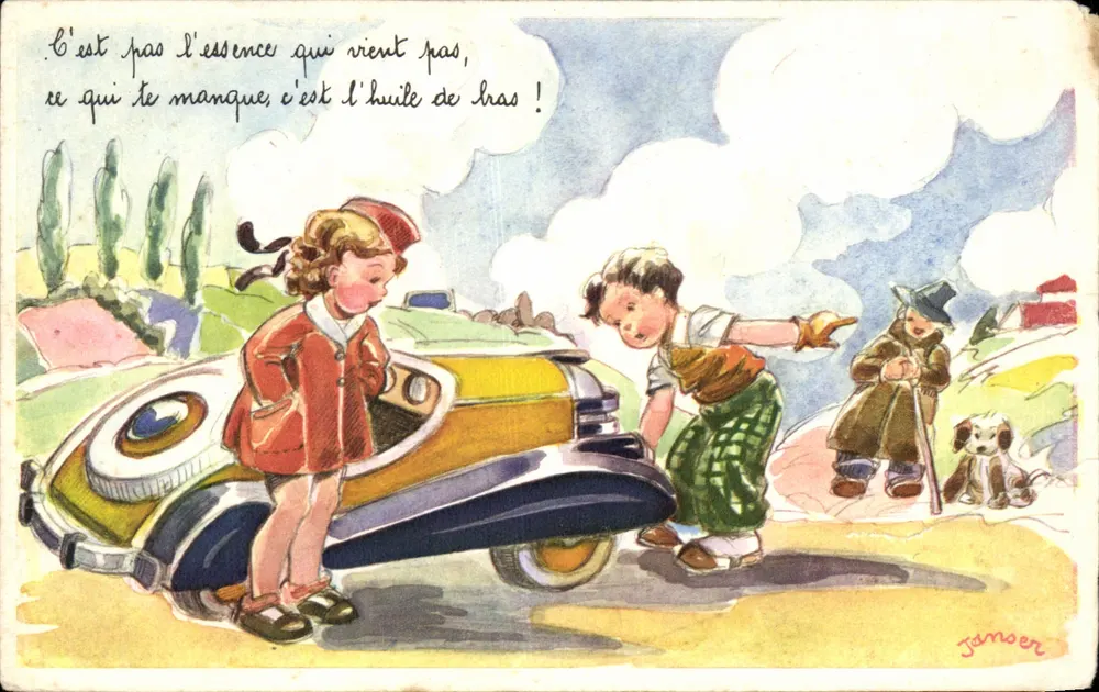 Enfants près d'une voiture — scène humoristique avec texte imprimé et manuscrit — éditeur Janser - Frente