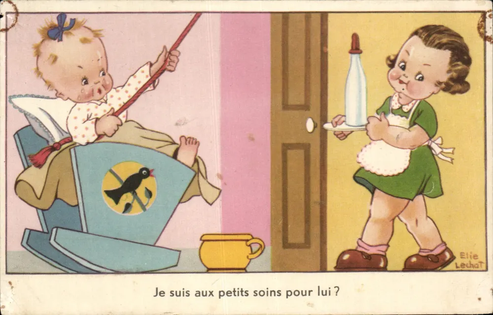 Enfant dans un berceau à bascule — scène de soins — Éditeur : Elie Lechat - Vorderseite