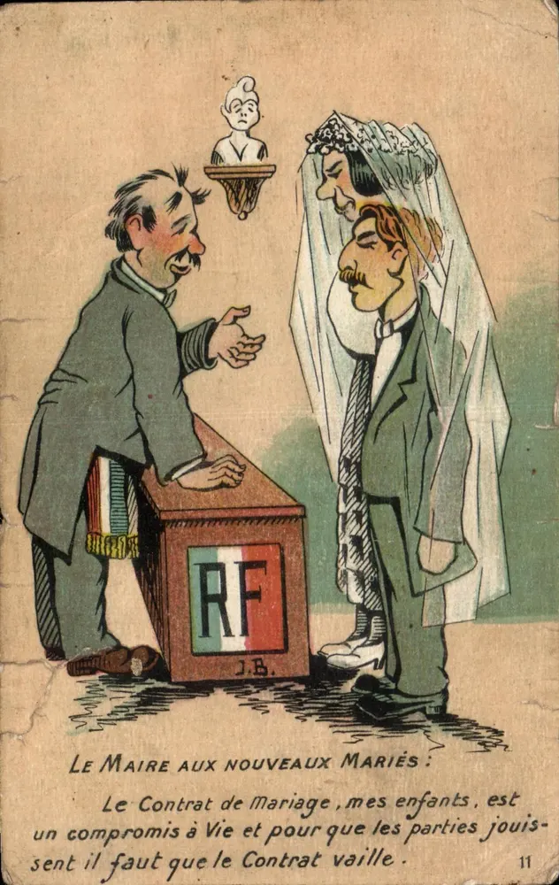 Mariage — scène caricaturale avec maire et couple — J.B. n°11 - Frente