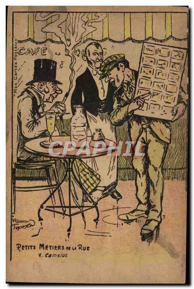 Scène de café — trois hommes dans un café — éditeur V. Camelot, série 'Petits Métiers de la Rue' - Voorkant