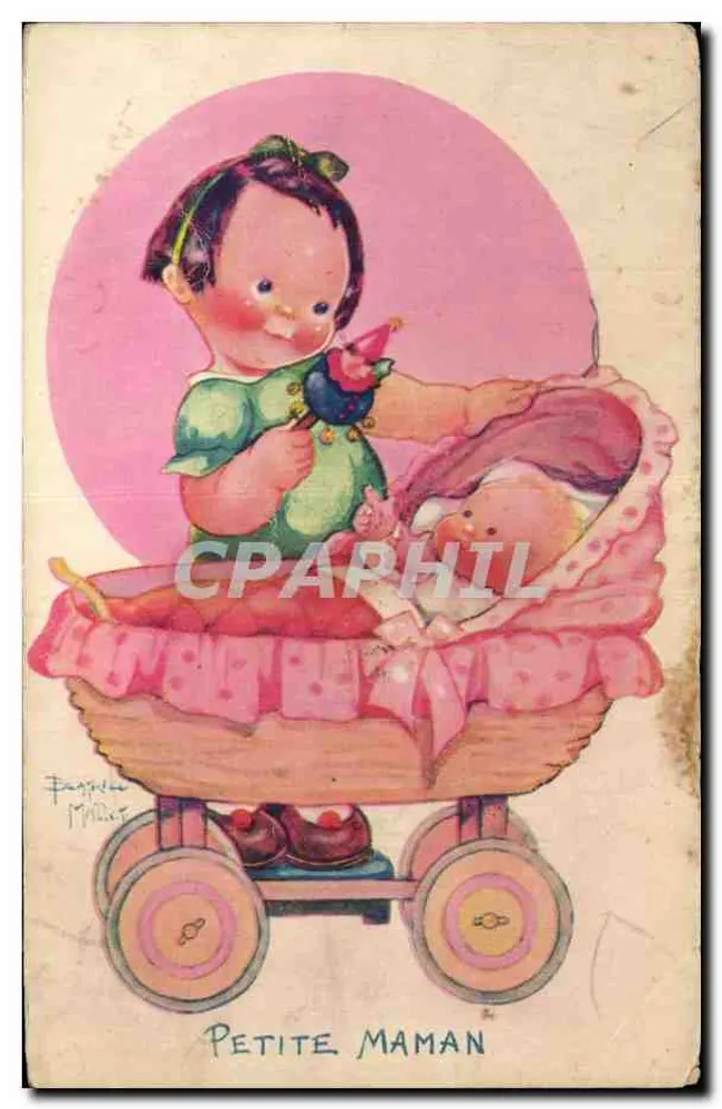 Kleine Mama — Illustration einer Mädchen, die ein Baby in einem Buggy hält — Verlag National de l'Enfance, Paris - Vorderseite