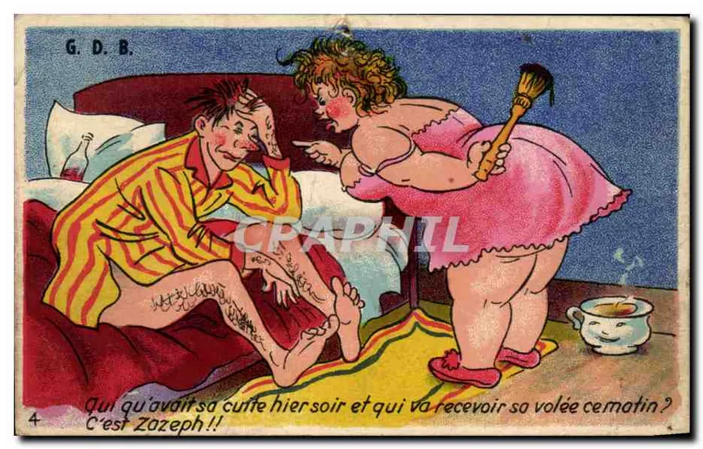 Sujeito humorístico — mulher em vestido rosa ameaçando um homem na cama — G.D.B. n°4 - Frente