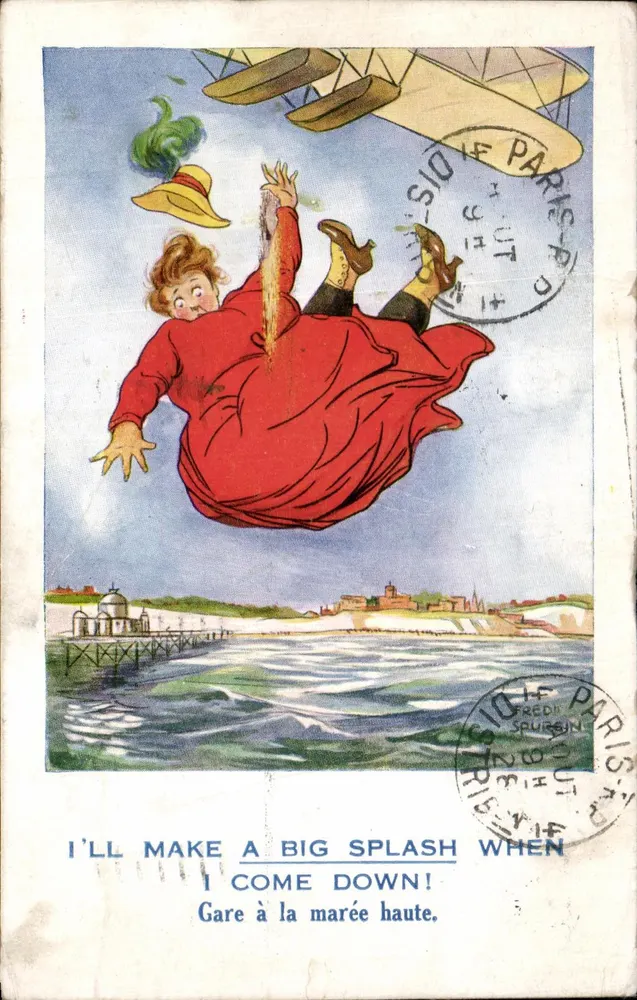 Femme en robe rouge tombant d'un avion — scène humoristique — éditeur FREDI SPURGIN - Awers