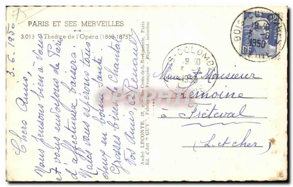 Operntheater — geschmückte Fassade mit Statuen und Säulen — Verlag André Leconte, Nr. 3.013 - Rückseite