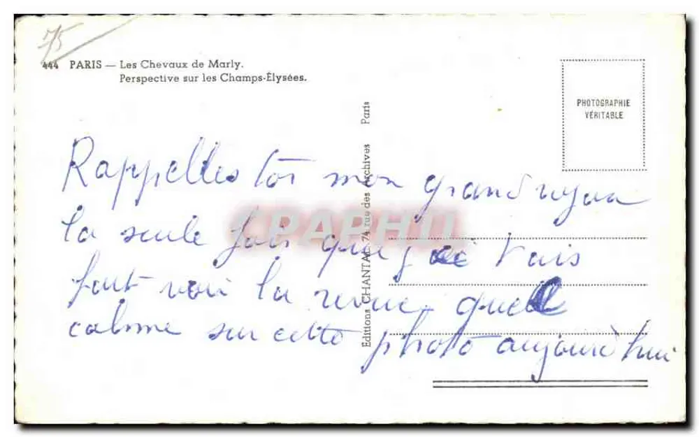 París — Los Caballos de Marly — Perspectiva sobre los Campos Elíseos — Ediciones Chantal - Reverso