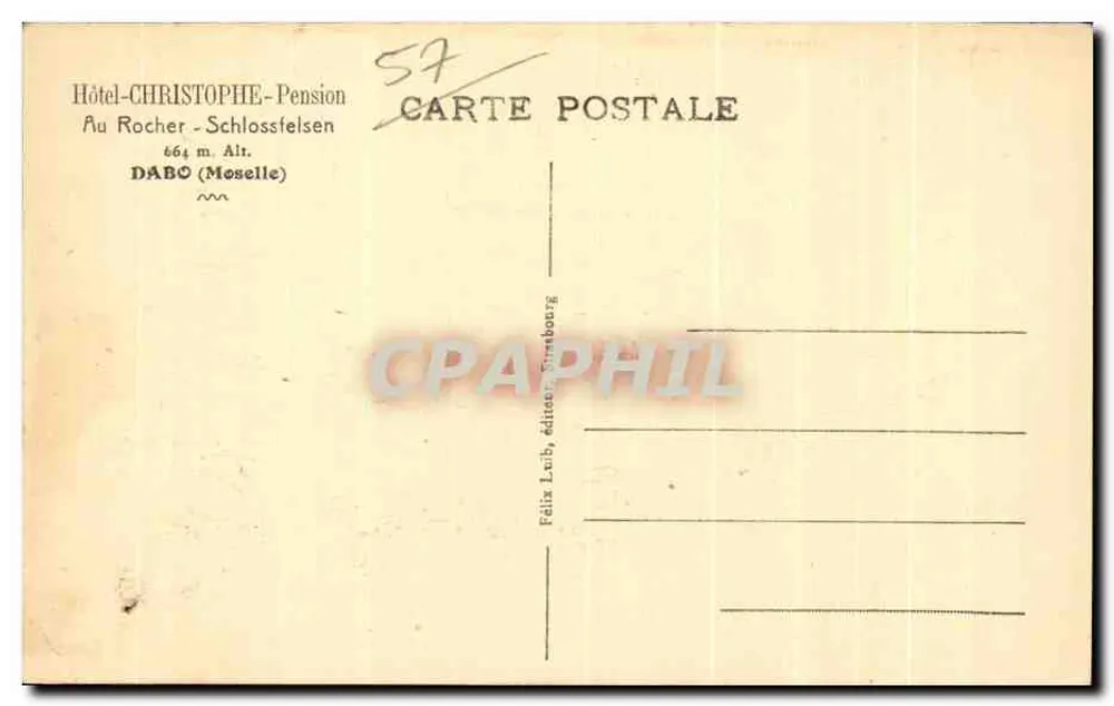 Dabo (Moselle) — Kirche auf dem Felsen — Hotel-Christophe-Pension, Verlag Félix Lüb, Straßburg - Rückseite