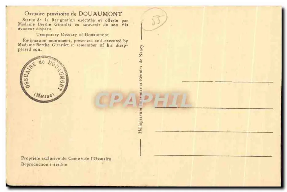Estátua da Ressignação — Ossuário provisório de Douaumont — Madame Berthe Girardet - Verso