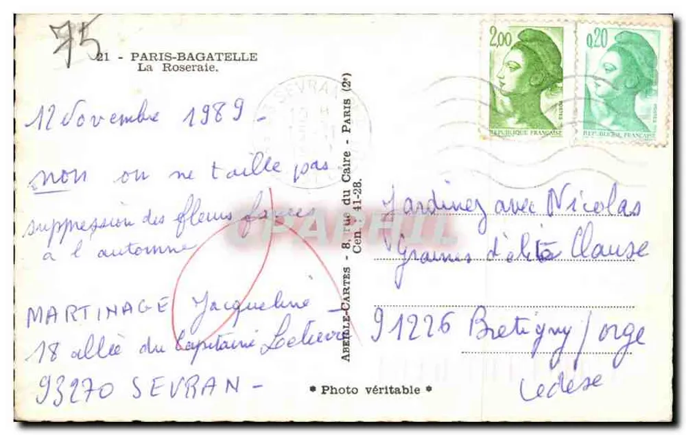 Jardim da Roseraie em Paris-Bagatelle — editor Abelle-Cartes, n°95 - Verso