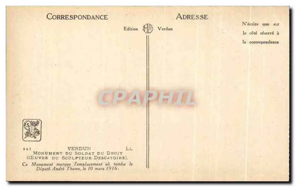 Monument du Soldat du Droit — statue allongée sur piédestal — Édition Verdun - Verso