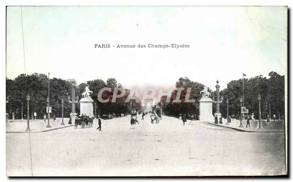Paris - Avenue des Champs-Élysées — vista da avenida com colunas e pedestres — editor não identificado - Frente