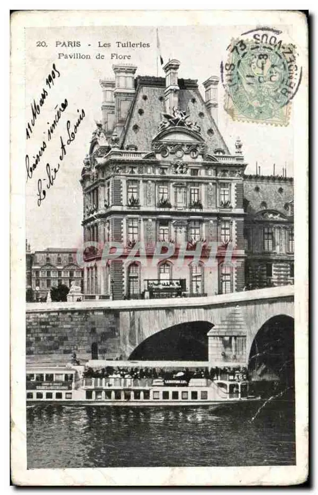 Paris - Les Tulleries — Pavillon de Flore, vue avec bateau sur la Seine, éditeur imprimeur non visible, n° 20 - Vorderseite