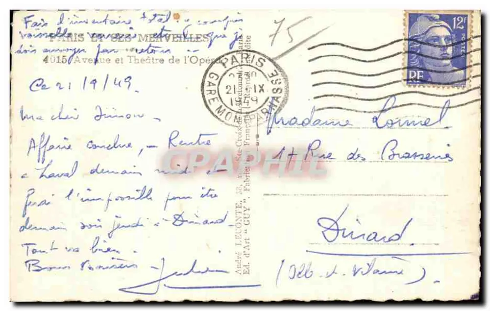 Paris - Avenida da Ópera — Teatro da Ópera — editor André Leconte, n° 4015 - Verso
