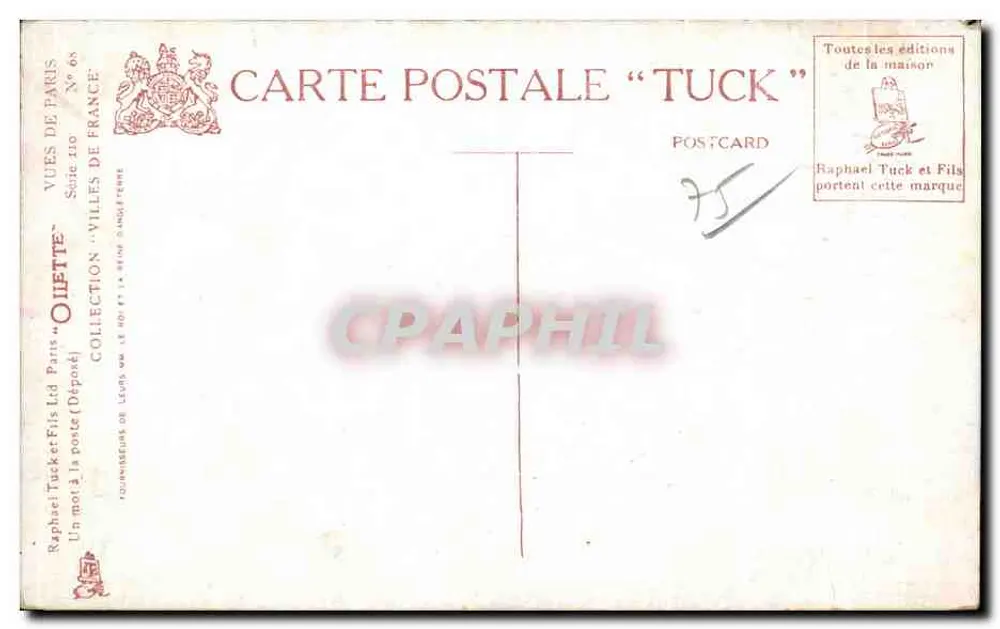 Paris. Arco do Triunfo do Carrousel — vista da praça com pedestres e carro — editor Tuck & Fils, série 'Cidades da França' n° 68 - Verso