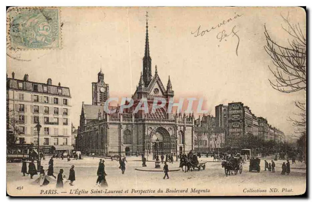 Paris — Die Kirche Saint-Laurent und Perspektive des Boulevard Magenta — Sammlung ND. Fotografie n°491 - Vorderseite