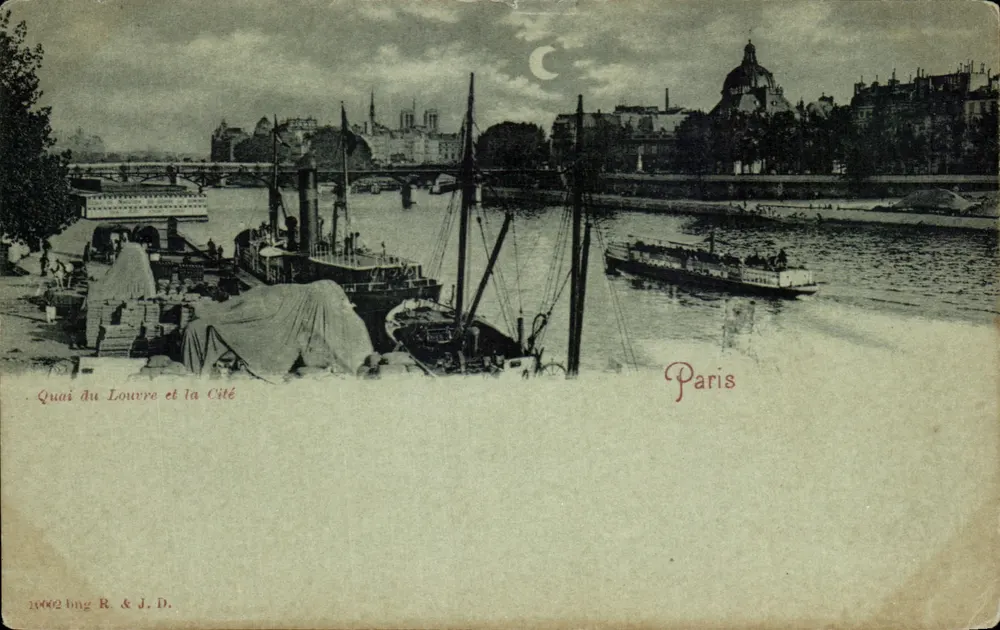 Quai du Louvre et la Cité — vue nocturne avec croissant de lune — éditeur R. & J. D., n° 10062 - Frente