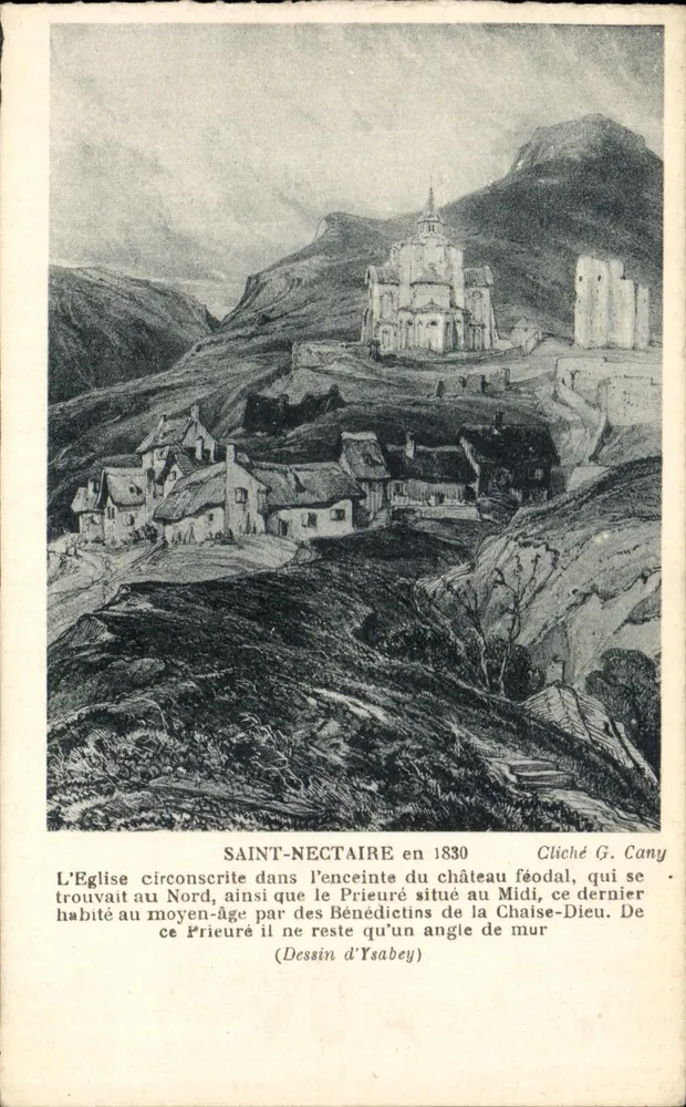 Saint-Nectaire — vue historique avec église, prieuré et château féodal — Dessin d'Ysabey, cliché G. Cany - Anverso