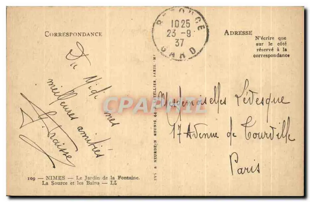 Nîmes — Der Garten der Fontaine — Verleger N. Neurdein, Nr. 109 - Rückseite