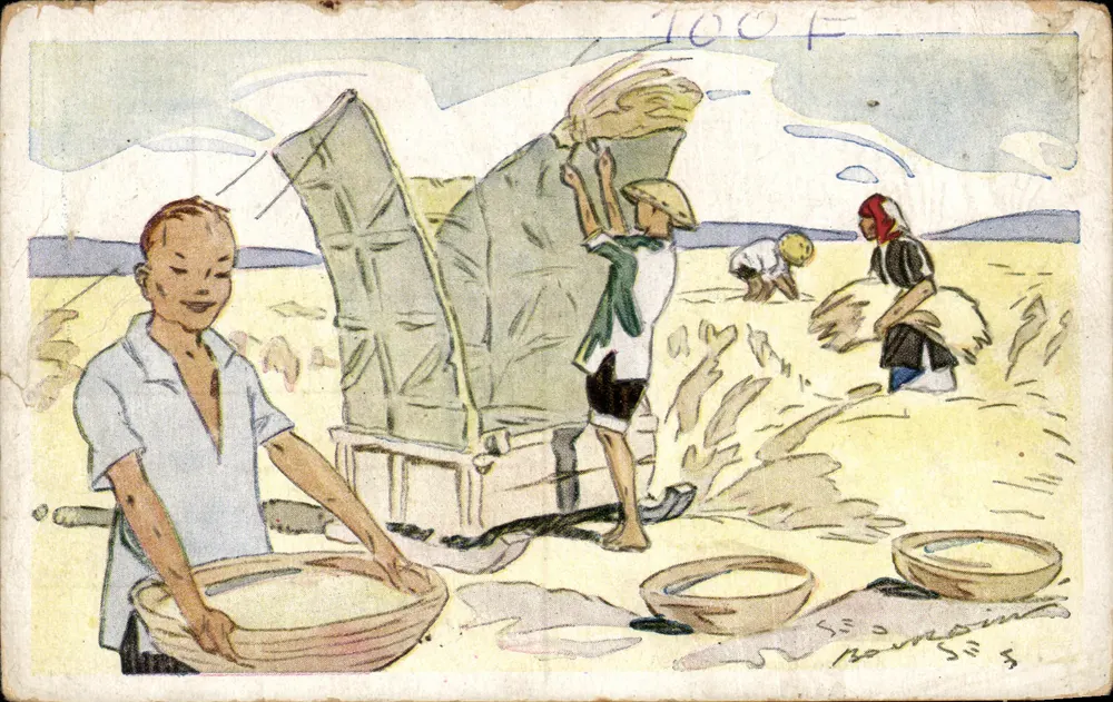 Battage du riz — scène de récolte — éditeur : LE RIZ D'INDO-CHINE, n°5 - Frente