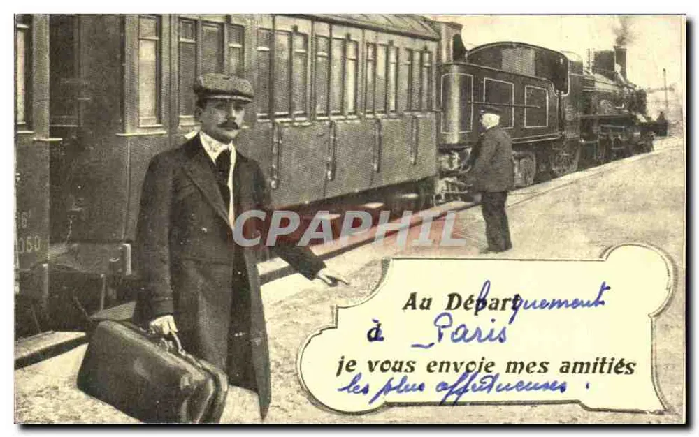 Abreise nach Paris — Bahnhofs-Szene mit Dampfzug — Verleger nicht sichtbar, Seriennummer 050 - Vorderseite