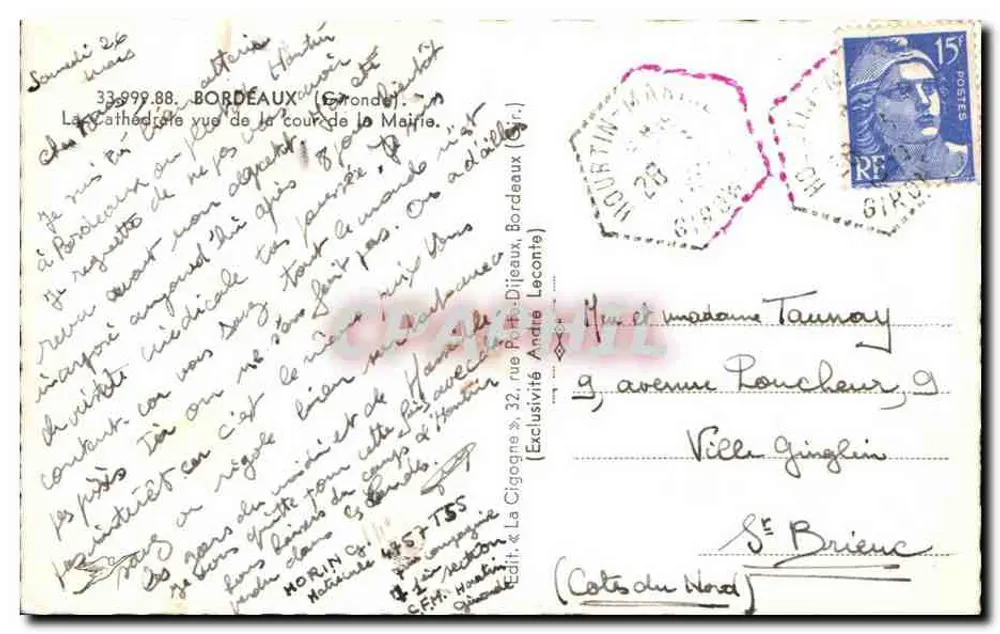 Die Kathedrale aus der Hofe der Stadtverwaltung gesehen — Bordeaux — Verlag La Cigogne, Nr. 33 999 88 - Rückseite