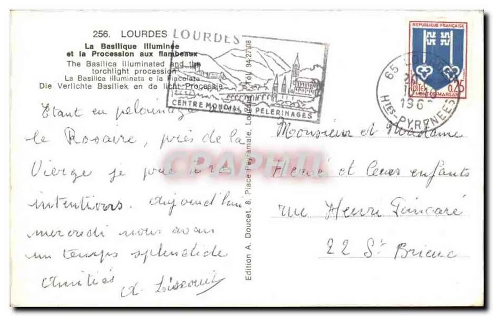 Lourdes — Die beleuchtete Basilika und die Fackelprozession — Edition A. Doucet, Lourdes - Rückseite