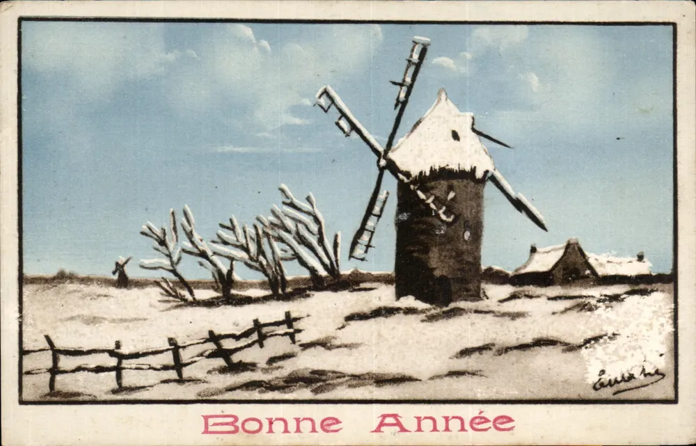 Schneeverwehter Windmühle — Frohe Neujahr — Verlag Émile Nozais, Nr. 2 - Vorderseite