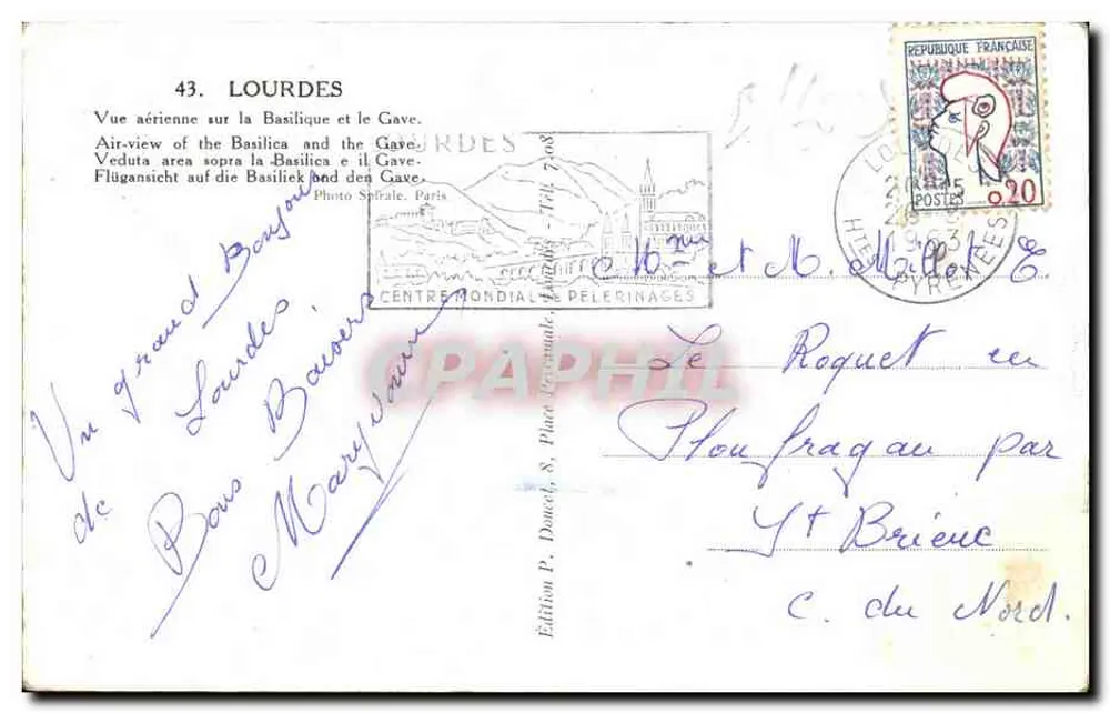 Lourdes — Luftbild der Basilika und des Gave — Verlag Edlux, Nr. 43 - Rückseite