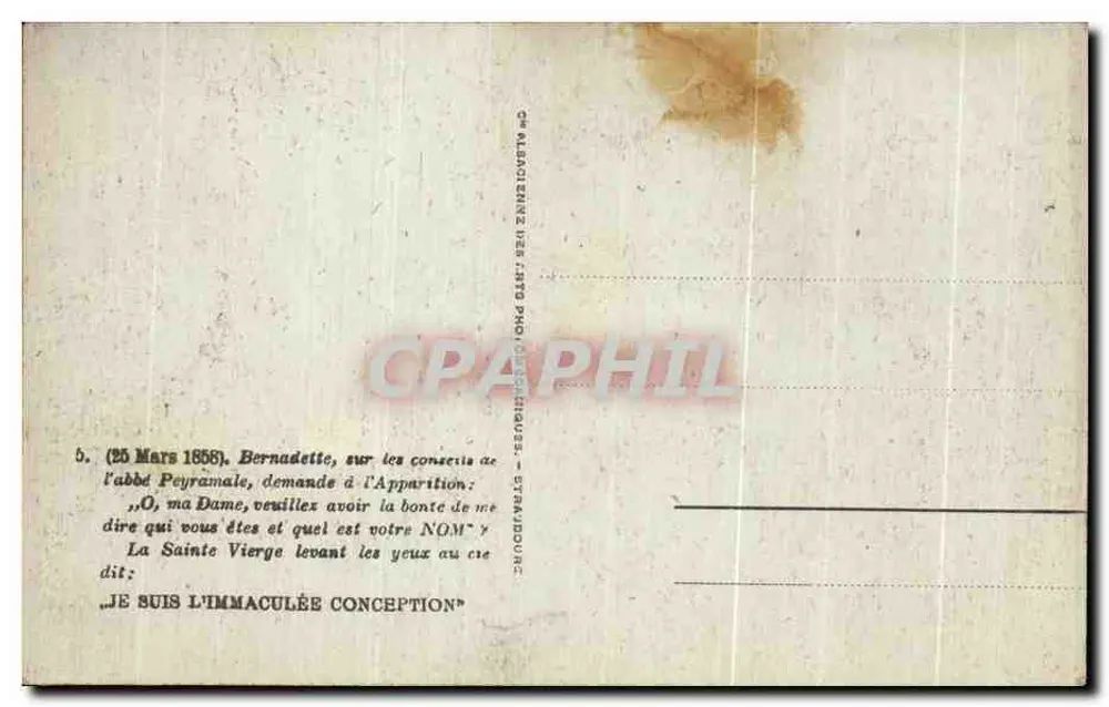 Aparecimento da Virgem para Bernadette — A Imaculada Conceição — Editor: Straubour - Verso