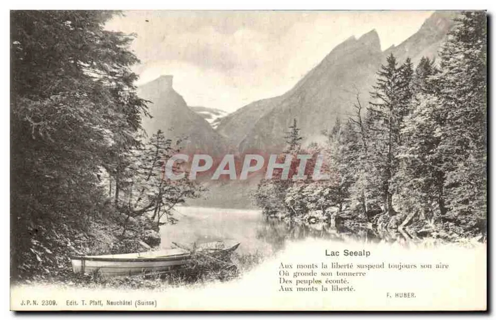 Lago Seealp — paisagem alpina com barco — Edit. T. Pfaff, Neuchâtel (Suíça) - Frente