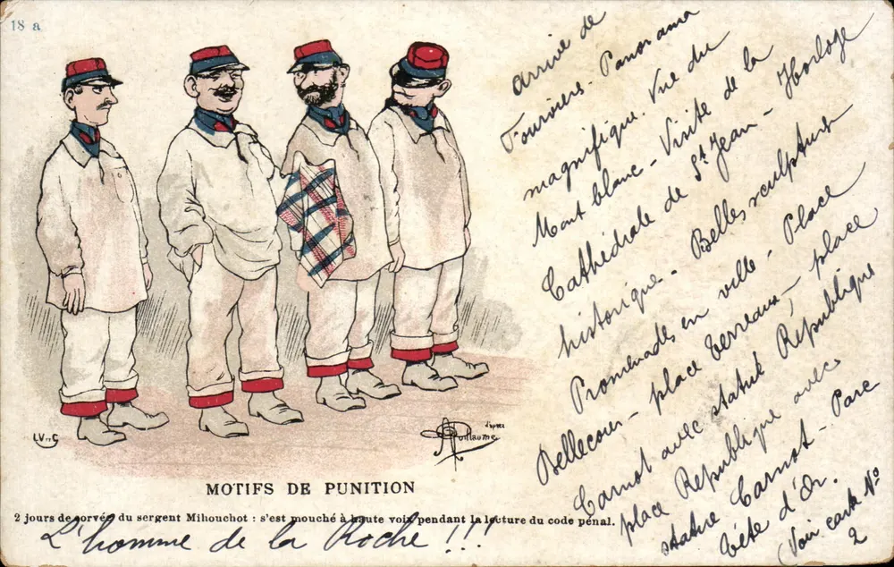 Motifs de punition — 2 jours de corvée du sergent Mihouchoit — éditeur D. Paulet, Lyon - Recto