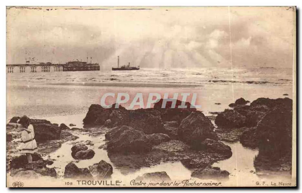 Trouville — Rücklicht in den schwarzen Felsen — G. F., Le Havre, n°108 - Vorderseite