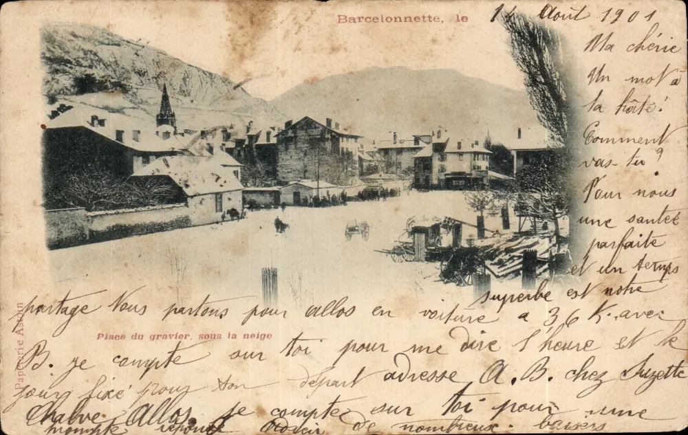 Barcelonnette, le 14 Août 1901 — Place du gravier sous la neige — Papeterie Askin - Frente