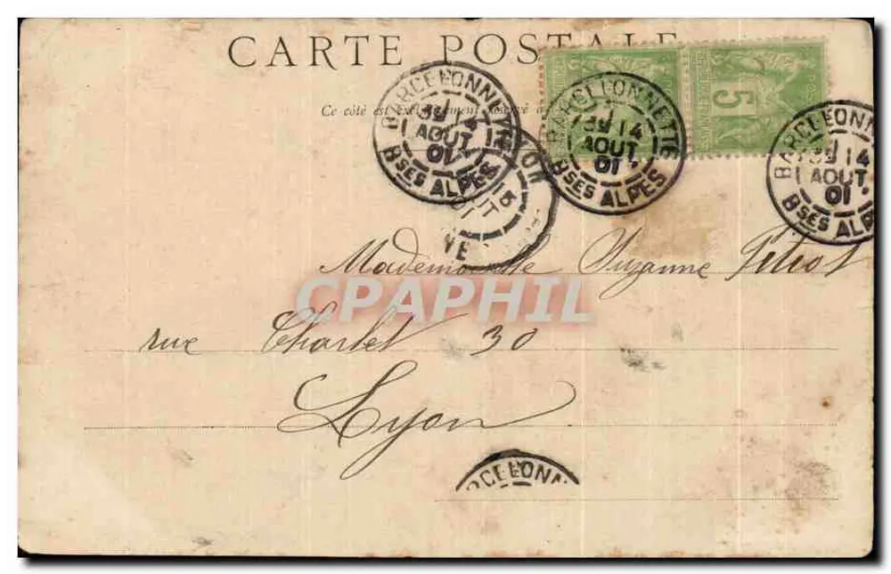 Barcelonnette, le 14 Août 1901 — Place du gravier sous la neige — Papeterie Askin - Verso