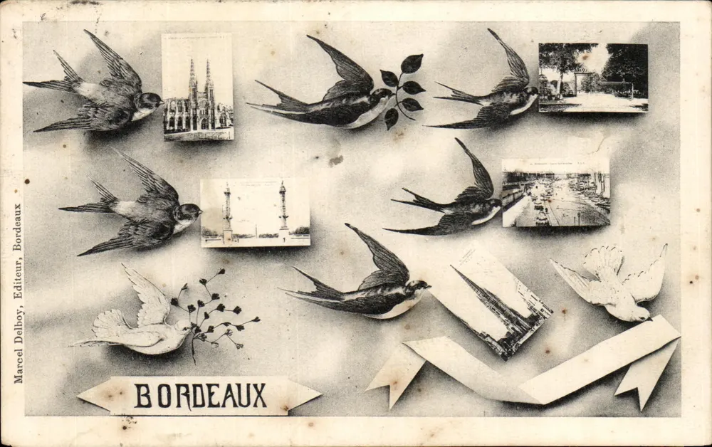 Bordeaux — vista decorativa com pássaros e vignettes — Marcel Delboy, Editor, Bordeaux - Frente