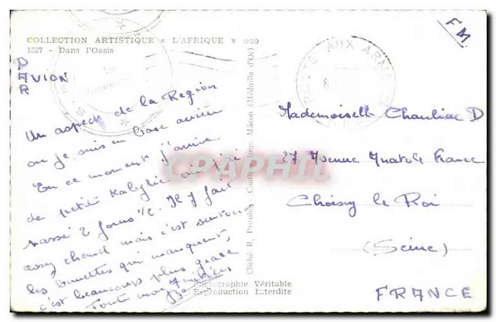 Oásis da Região de Kabylie — Coleção Artística «L'Afrique» n°1327 — Cliché R. Prouilly, Cambrai (D'Or) - Verso