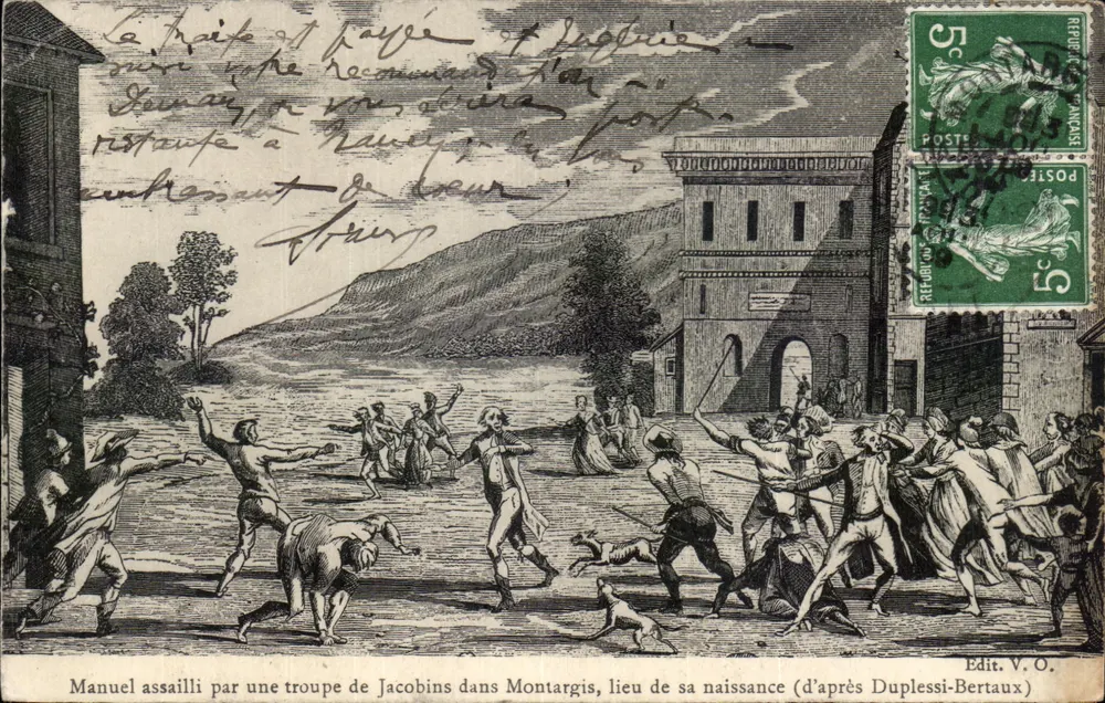 Manuel von einer Gruppe Jacobiner in Montargis, seinem Geburtsort, angegriffen — nach Duplessis-Bertaux — Verlag V. O. - Vorderseite