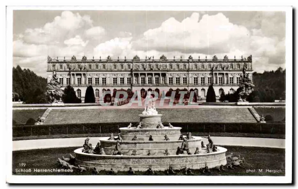 Schloss Herrenchiemsee — visão do castelo e da fonte — fot. M. Herpich, n° 199 - Frente