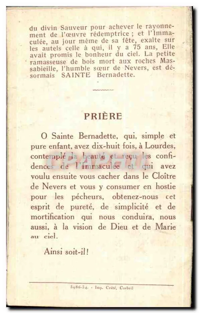 Heilige Bernadette Soubirous — religiöse Darstellung — Imp. Créte, Corbeil - Rückseite