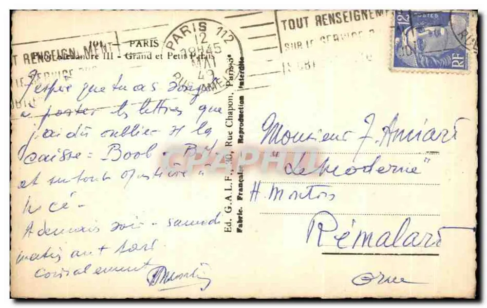 Ponte dos Artes — Paris — Éd. G.A.L.F., n° 30 - Verso