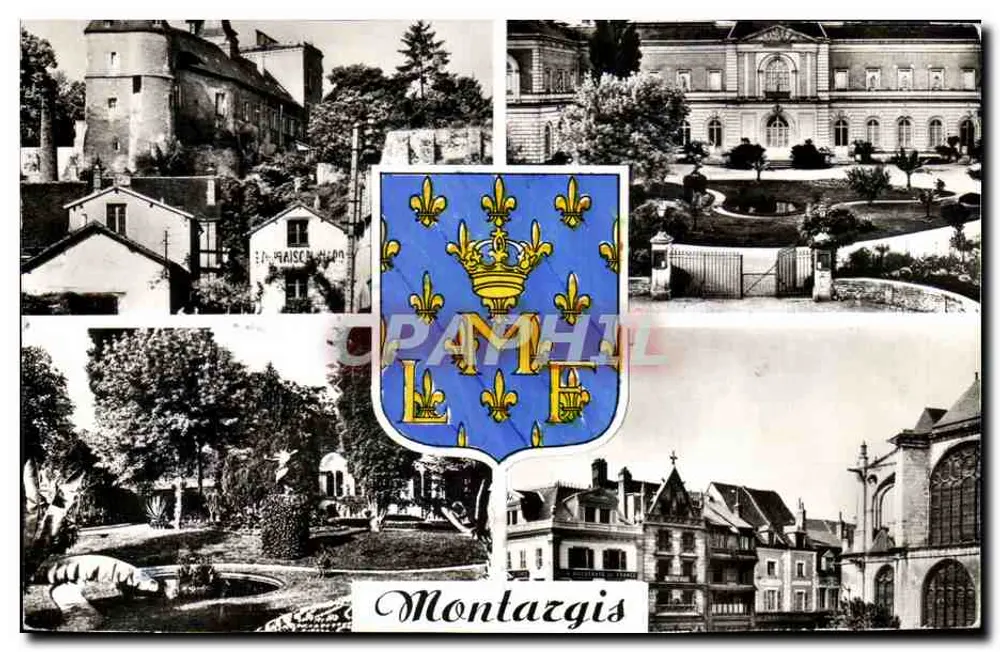 Montazgis — vista panorâmica com brasão — editor desconhecido - Frente