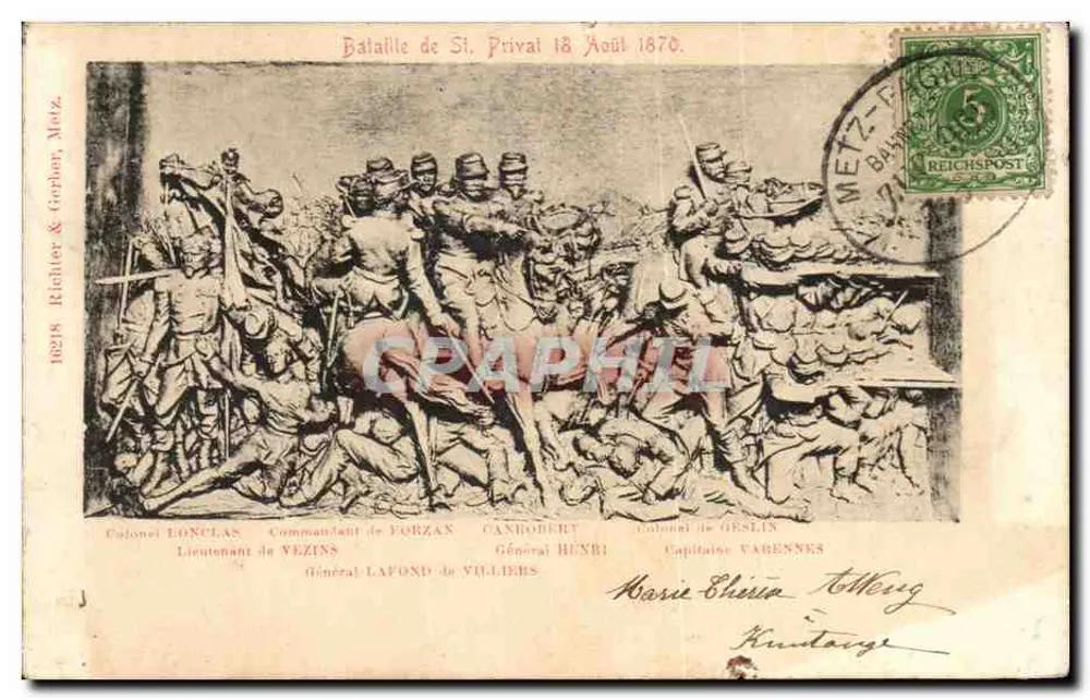 Bataille de St. Privat 18 Août 1870 — scène de combat avec les noms des officiers imprimés — éditeur Richter & Gerbar, Metz, n° 18218 - Vorderseite