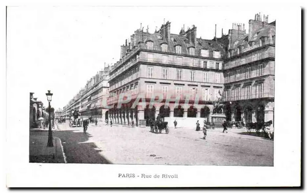 Paris - Rue de Rivoli — vista urbana com edifícios e carruagens — editor não identificado - Frente