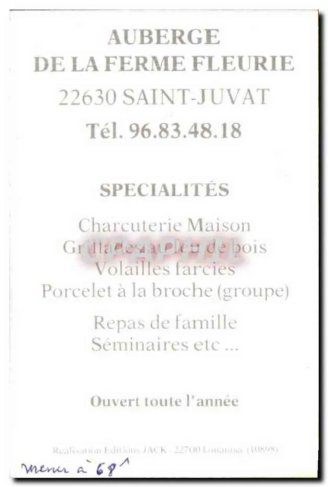 Auberge de la Ferme Fleurie — Saint-Juvat — Éditions JACK - Rückseite