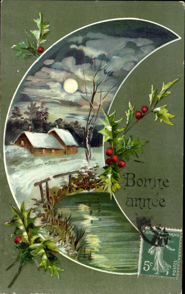 Winterlandschaft unter dem Mond — Frohe Neujahr — Französische Republik 5c - Vorderseite
