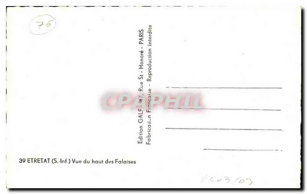 Etretat (S.-Inf.) — Ansicht von oben von den Klippen — Edition Galfi, Paris - Rückseite