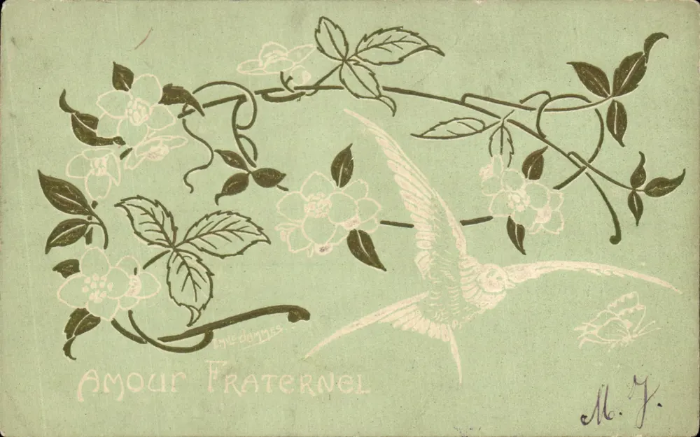 Brüderliche Liebe — Illustration von Blumen und Vogel — Verlag M. Y. - Vorderseite