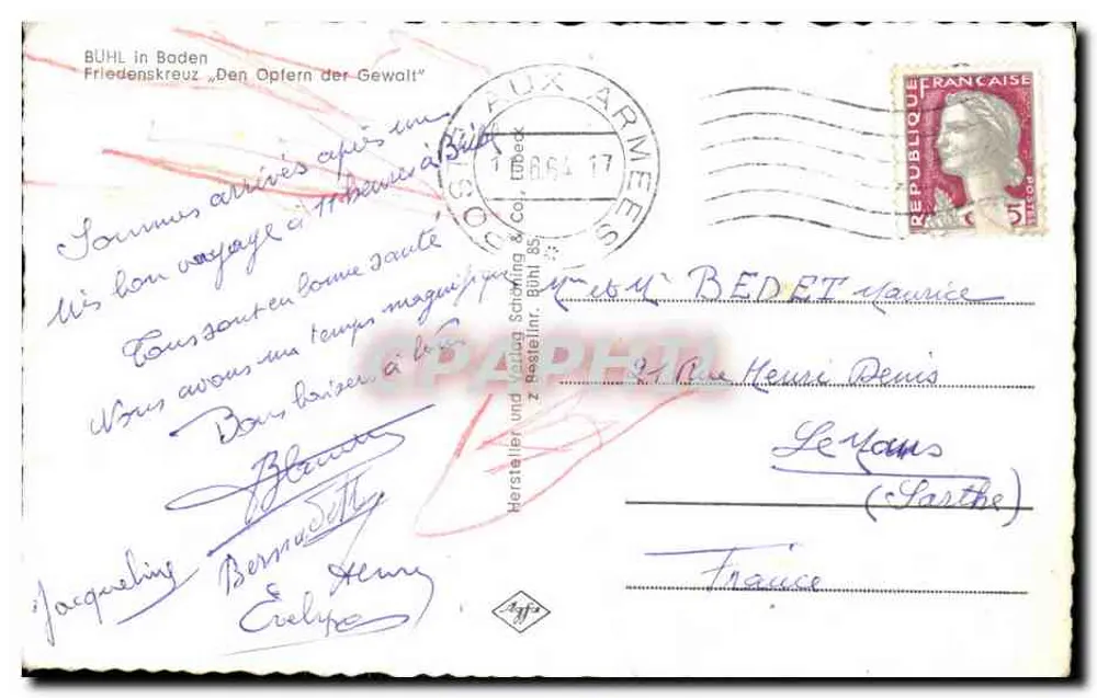 Bühl in Baden — Kreuz der Frieden und Fahnen — Verlag Hersteller und Verlag Schöning & Co., Buhl - Rückseite